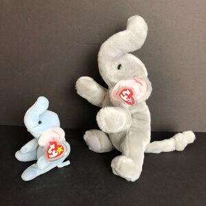 Ty Beanie Baby Peanut (Elephant light Blue 1995) Righty (Elephant Gray 2000) New